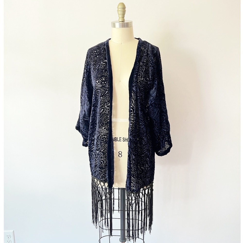Zara Kimono Cardigan Navy Blue Burnout Velvet Paisley Fringe Wrap Witchy Goth